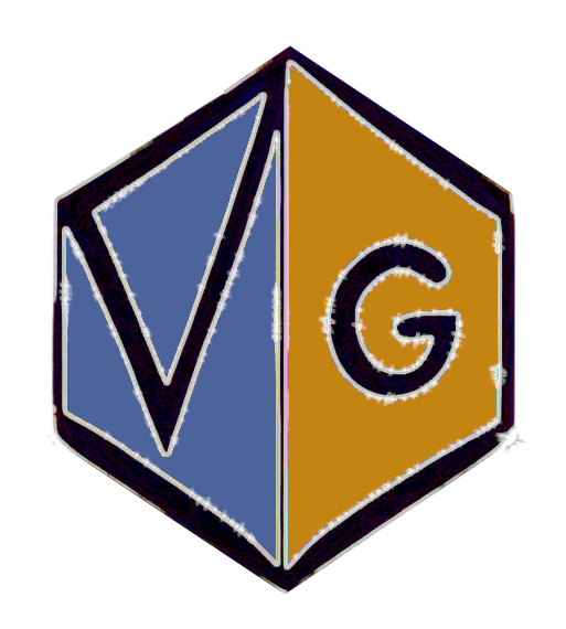 a d6 showing two sides, one blue side with a V, and one orange side with a G